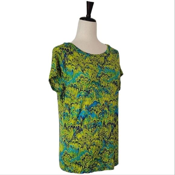 Austin Reed London New York Green Swirl Pattern Bateau Neck 100% Silk Blouse L - Picture 2 of 8